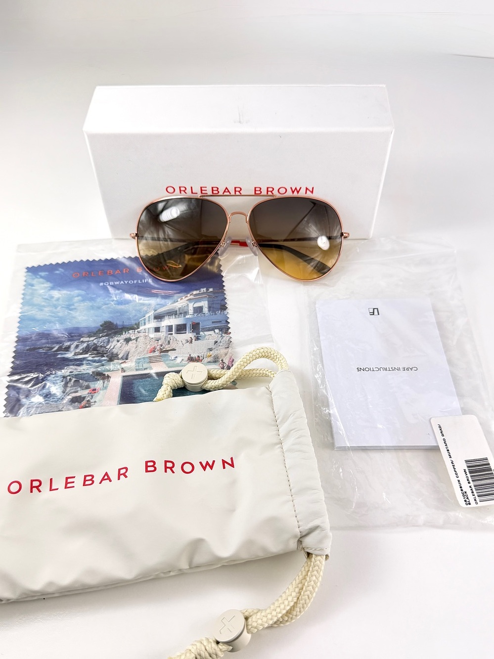 NWT Orlebar Brown x Linda Farrow Aviator Sunglasses OB10 C8 Rose Gold Full Set